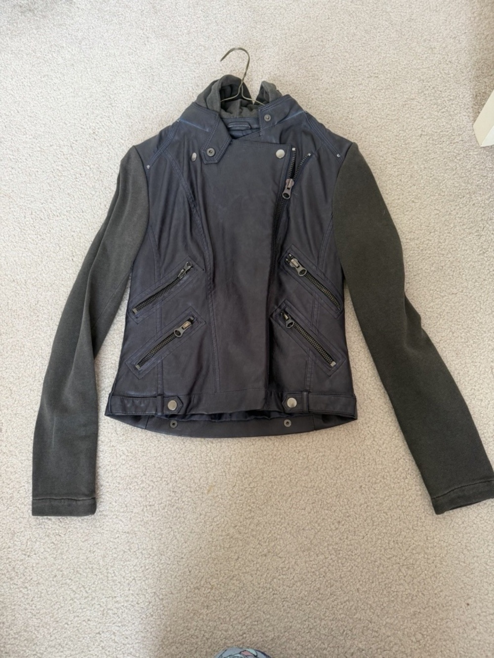 Silence + Noise Urban Outfitters Small Pleather Motorcycle Jacket W/Hoodie Black